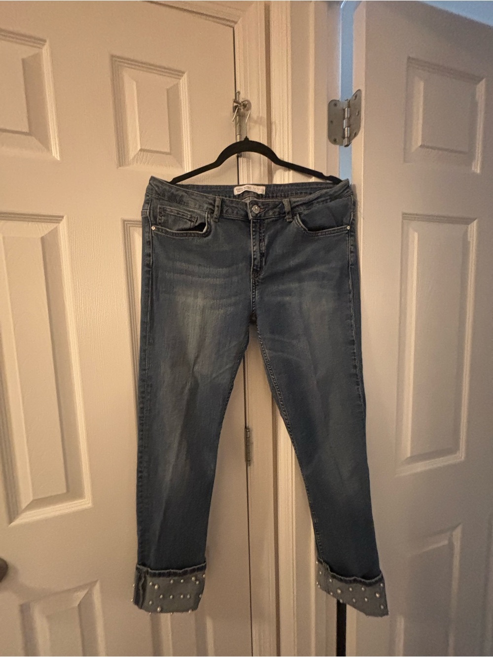 Zara basic denim collection :Light Blue Boyfriend Jeans with Pearl-Trim Cuffs